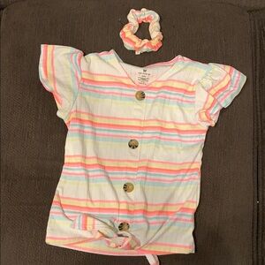 Colorful Striped Button-Down Top with Scrunchie